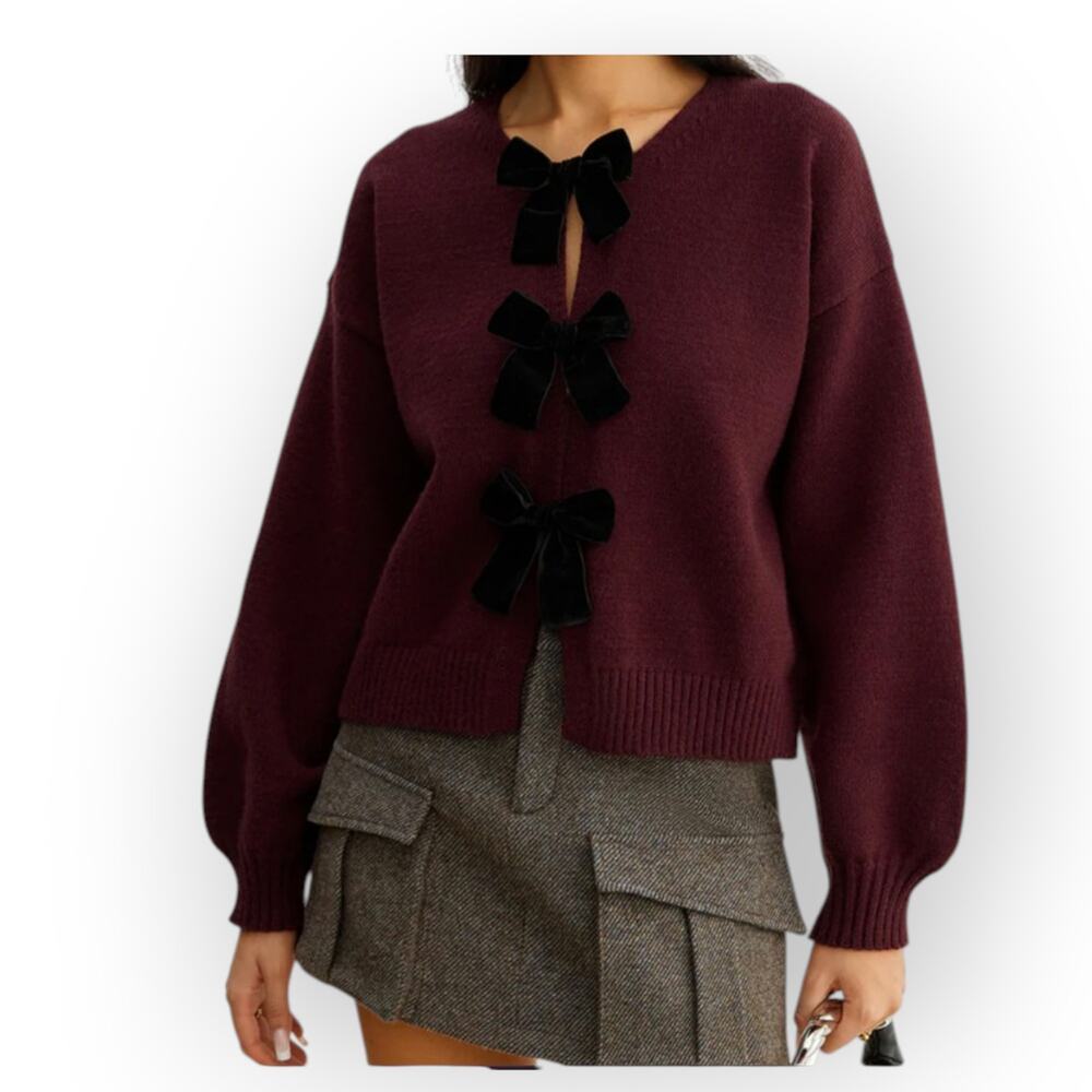 Commense Burgundy Bow Front Lantern Sleeve Sweater XL – Parisian Chic